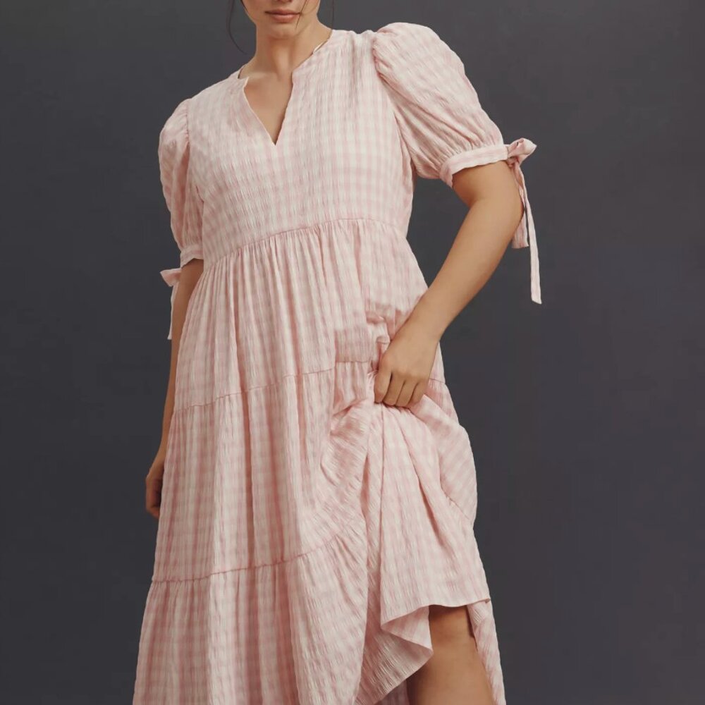 English Factory - Puff-Sleeve V-Neck Tiered Midi Dress, Size 1X $75